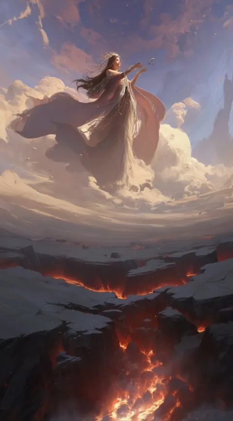 Nuwa mending the sky, the graceful giant goddess in colorful feather robe