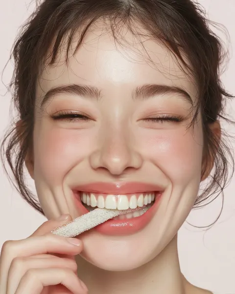 Photorealistic commercial food photography of an East Asian model happily eating a long white snack
