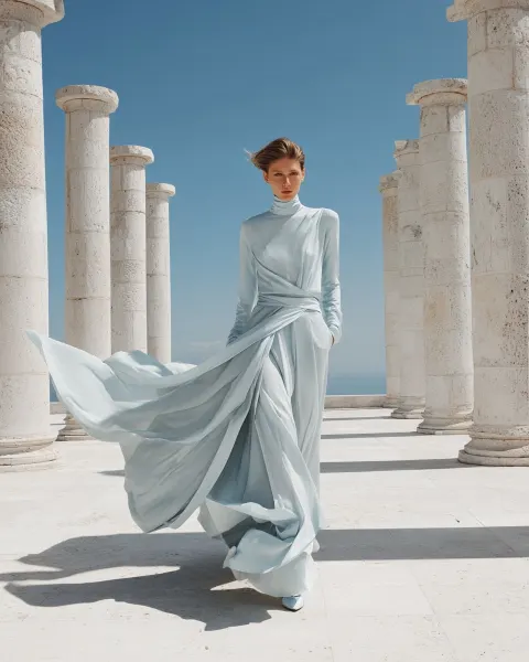 An elegant woman in a pale blue ensemble with architectural tailoring and fluid draped movement