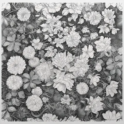 Seamless repeating pattern tile, variety of flowers and botanicals, hand drawn style