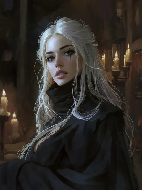 Semi-realistic portrait painting of a dark fantasy sorceress, half-body portrait