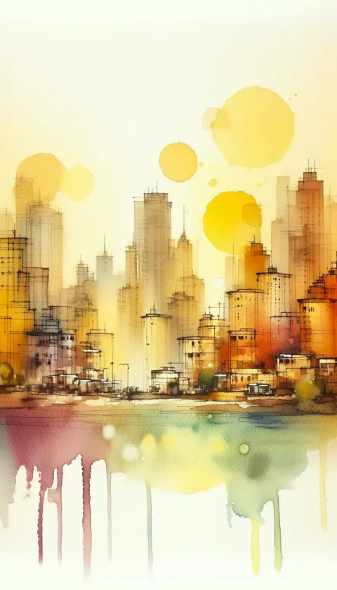 Dreamy Watercolor Urban Landscape Warm Tones