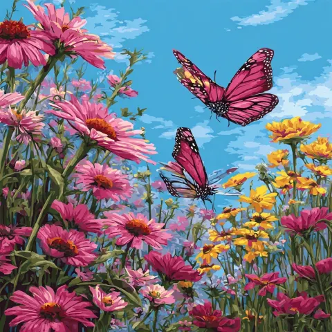 A vibrant scene of butterflies and flowers in full bloom