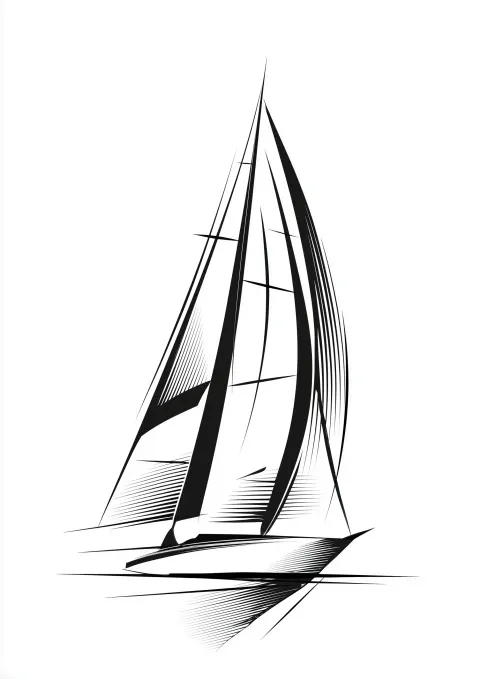 Simplified leaning SAILBOAT vector outline woodcut print ON WHITE BACKGROUND