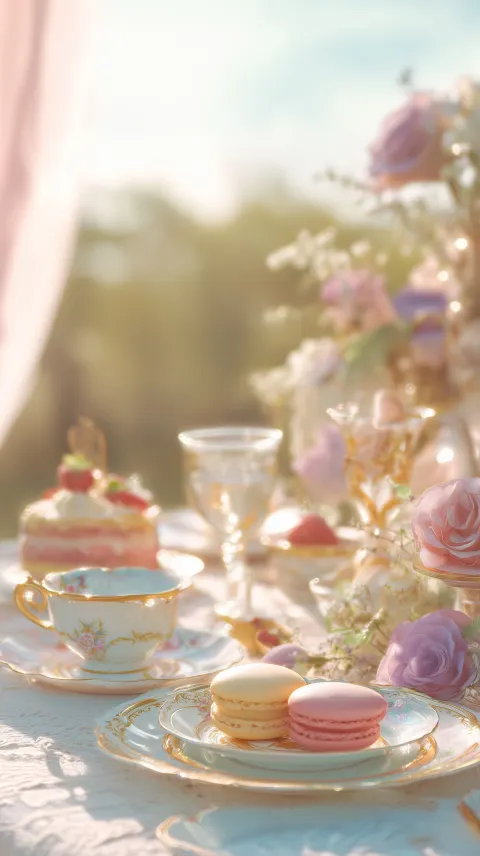 Rococo style afternoon tea table, ornate porcelain tea set, gold rim plates, macarons