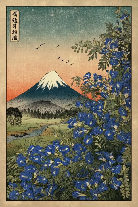 The wildflowers clitoria ternatea depicted near Mount Fuji