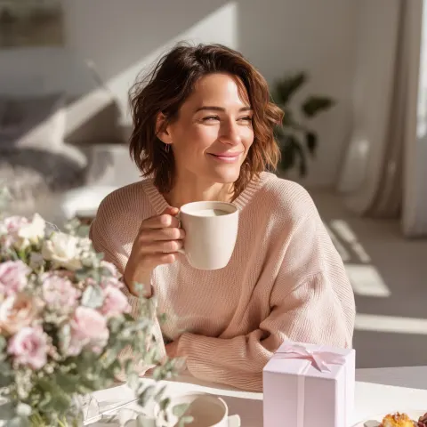 Happy mother sitting at a breakfast table, holding a plain coffee mug without any text or logo