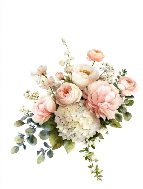 A delicate watercolor hand drawn style floral bouquet trailing arrangement in soft blush pinks