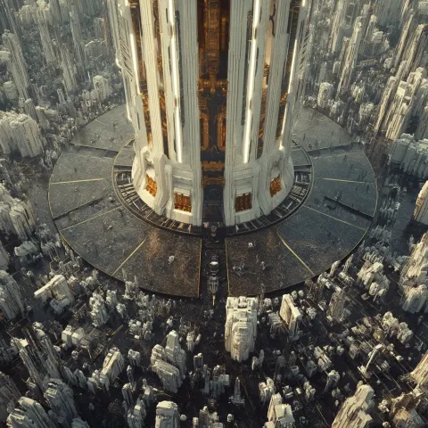 A massive machine working with arms and a massive ancient technology observatory is adorned with bri