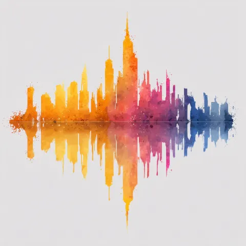 Abstract city skyline illustration, watercolor style, vibrant gradient colors (orange, yellow