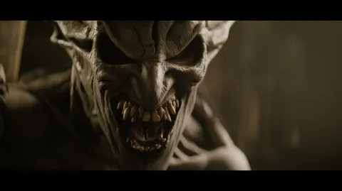 An iconic terrifying and cinematic still from a never before-seen horror movie in which the evil mon