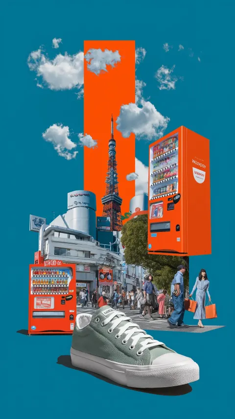 Digital collage of Shibuya crossing, vending machines, sushi, Tokyo tower, and sneakers