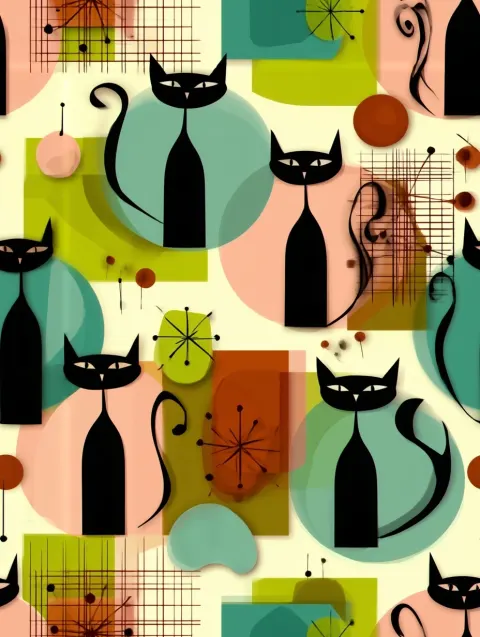 Seamless mid-century modern atomic cat pattern, stylized slender black atomic cats with long necks a