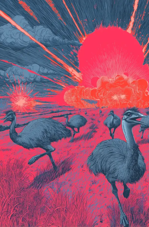 In the style of pop art, emus run and squawk as they are shot at by guns in the great emu war. explo