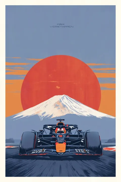 Max Verstappen Red Bull F1 racing art, Japanese grand prix Suzuka, dramatic rising sun