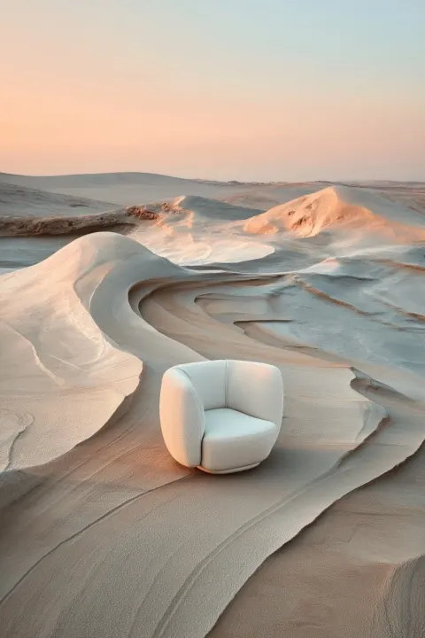 Minimalist surreal landscape, smooth sandstone desert with natural erosion patterns