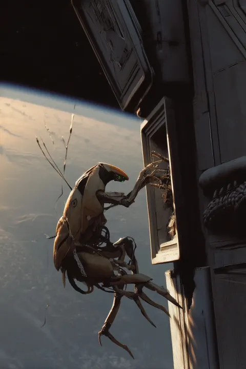 On the outside of a spaceship a photorealistic small four legged robot with carapace and several arm