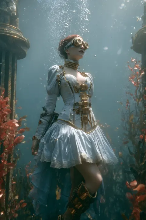 Pelagic steampunk primadonna, underwater space opera, aquatic, fantasy sci-fi, serene, ethereal