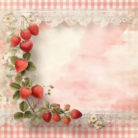 Romantic shabby chic, hand-painted strawberries, vintage lace frame, pink gingham pattern