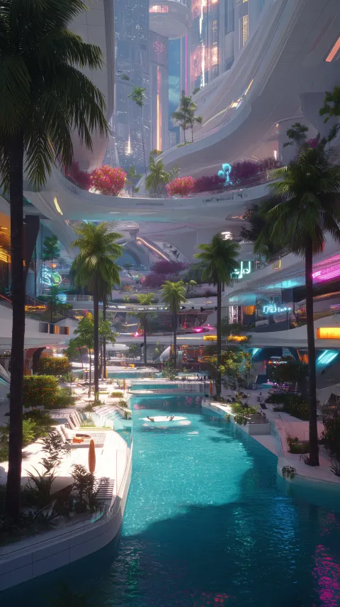 A futuristic chrome 3d outdoor pool mega club in a futuristic city, tropical and neon colors