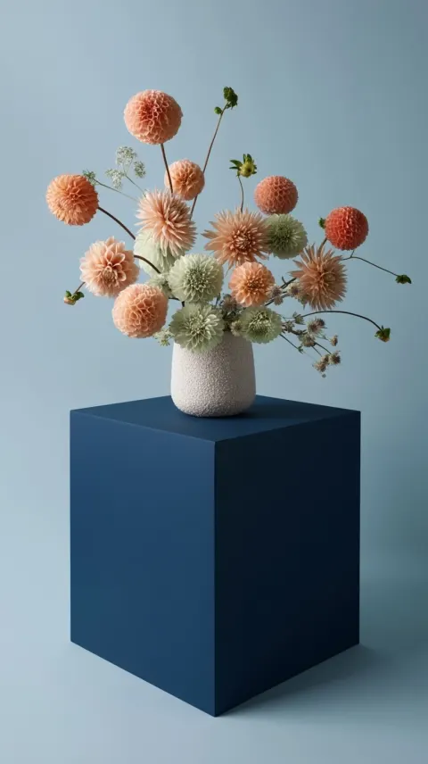 A minimal modern floral arrangement with various round dahlia flowers in soft pastel tones (peach