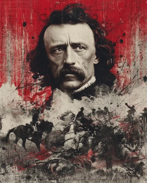 Graphic poster of General George Armstrong Custer, large portrait dominating the composition
