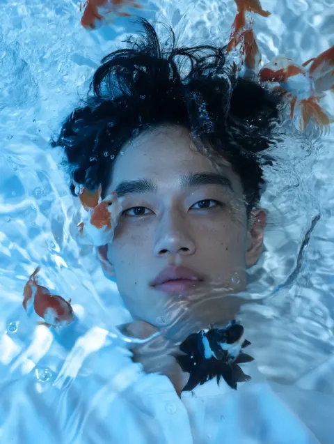 A portrait of an asian man with fish swimming around her face, in the style of surrealism