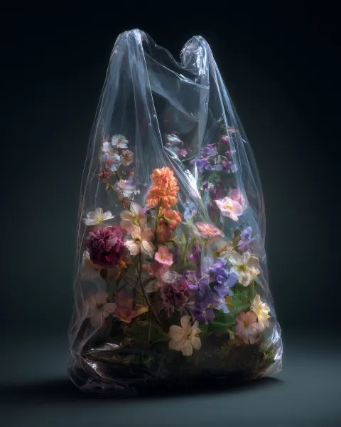 A realistic editorial photo of a vacuumed bag with flowers inside. the bag is semi transparent. Blac