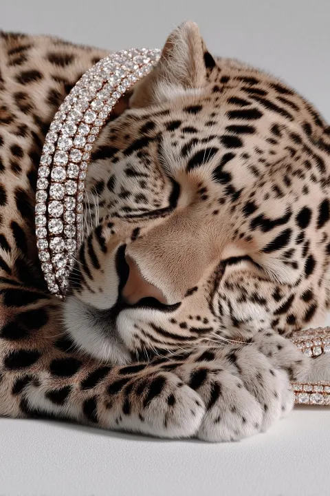 A realistic sleeping leopard curled on a clean white background, eyes closed, soft relaxed pose