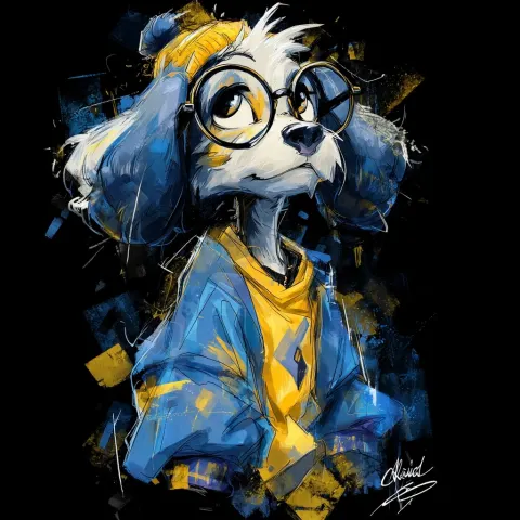 A very adorable swaggy nerd cartoon female fire dog sketch with glasses and a baggy blue outfit that
