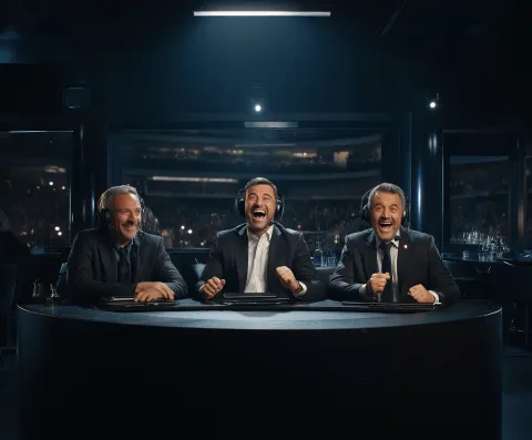 Advertising photograph, close-up of three smiling and euphoric Ecuadorian football commentators narr