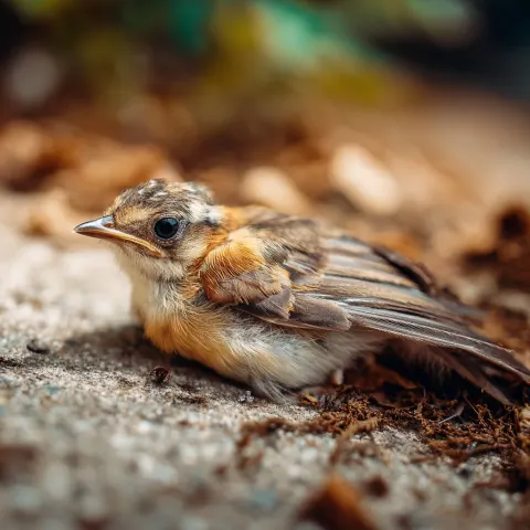 Baby bird lying on the ground with a broken wing. The wing is showing damaged. Baby bird is looking