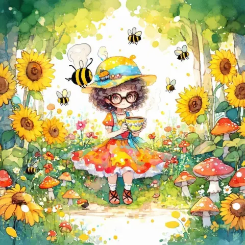 Manga Girl Sipping Tea Among Forest Creatures