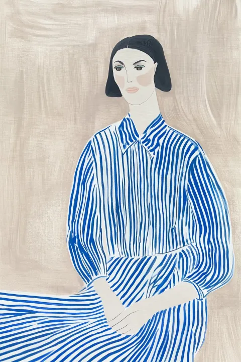 Gouache painting of a woman in the style of Matisse wearing a blue and white striped dress in the st