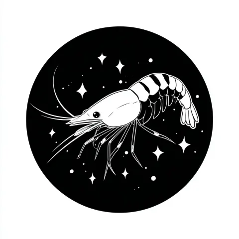 Kawaii black and white Neocaridina shrimp sticker, circle, round, aesthetic, vector art, simple