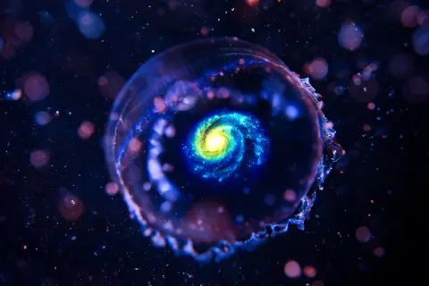 Macro close-up of bioluminescent transparent jellyfish with a bright spiral galaxy inside it's body