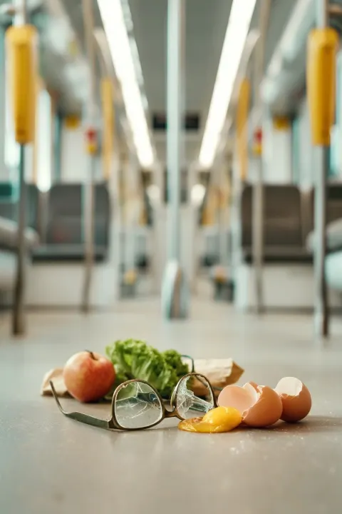 Low angle shot from floor level inside a modern tram