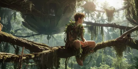 Photoreal image of A teenage boy sitting on a jungle branchr in a fantasy world. He wears clothes ma