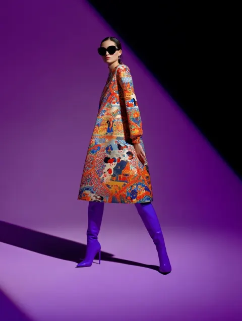 Studio shot of a fashion model wearing a pennsylvania dutch folk art pattern dress with purple knee-