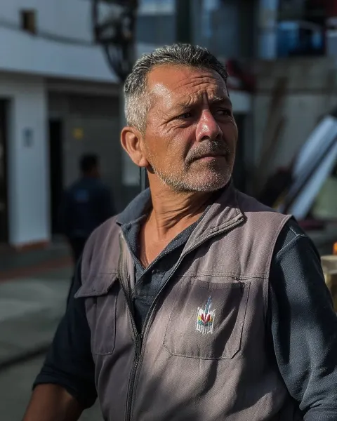 Very casual, unplanned smartphone photo of an Ecuadorian worker wearing a functional work vest with