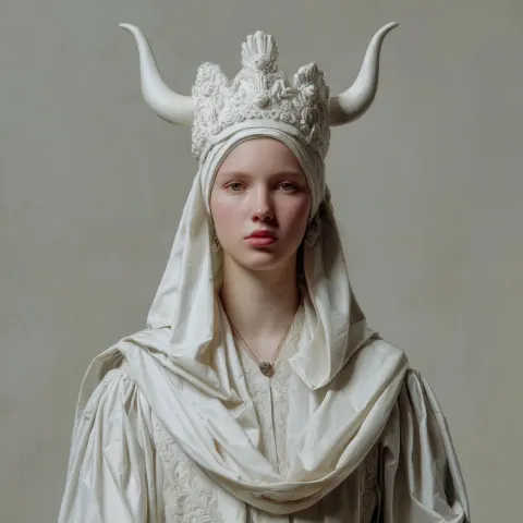 Woman wearing white robes and a white crown with white bull horns