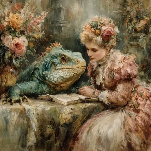 A fantastical scene with a young dragon and a young woman sitting at a table. The dragon is teal and