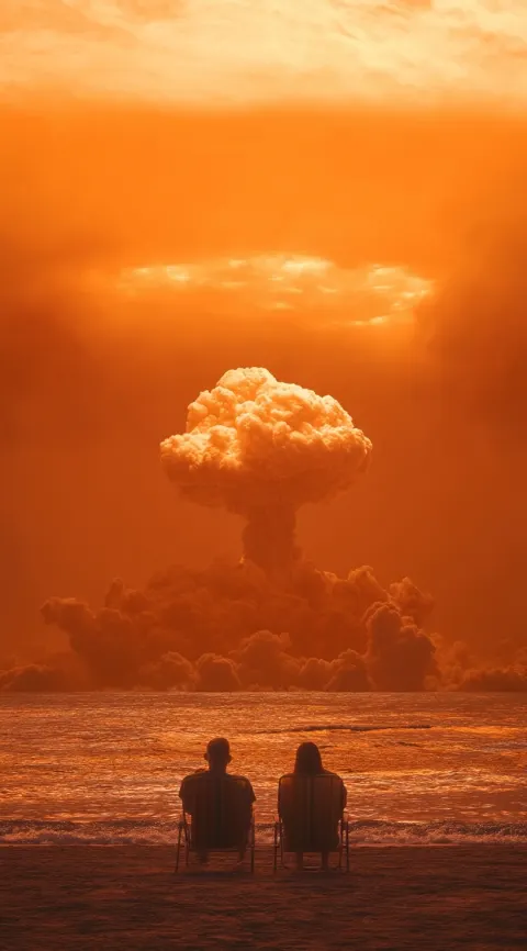 A nuclear explosion over the water, a mushroom cloud in front of them. a man and woman sit on lawn c