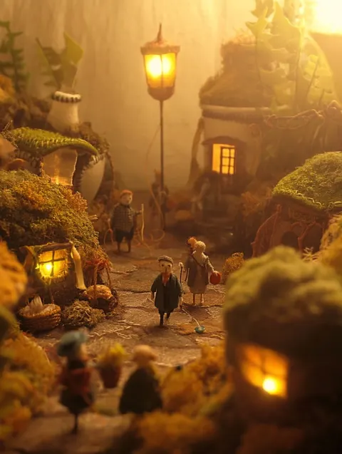 A small fantasy doll world with adventurers made of felt, stitched clothes, embroidered details