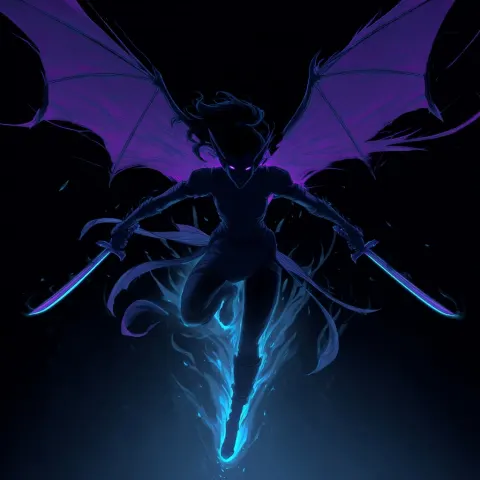 A void elf demon hunter with glowing blue purple bat wings charging towards you with swords in hand