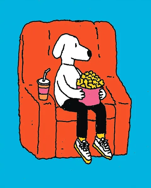 An anthropomorphic cartoon dog sitting in a cinema seat on a soft red seat