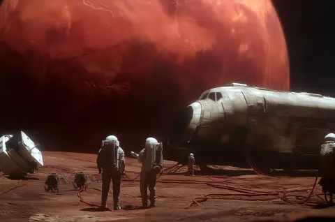 Concept art depicting astronauts on the surface of an alien planet