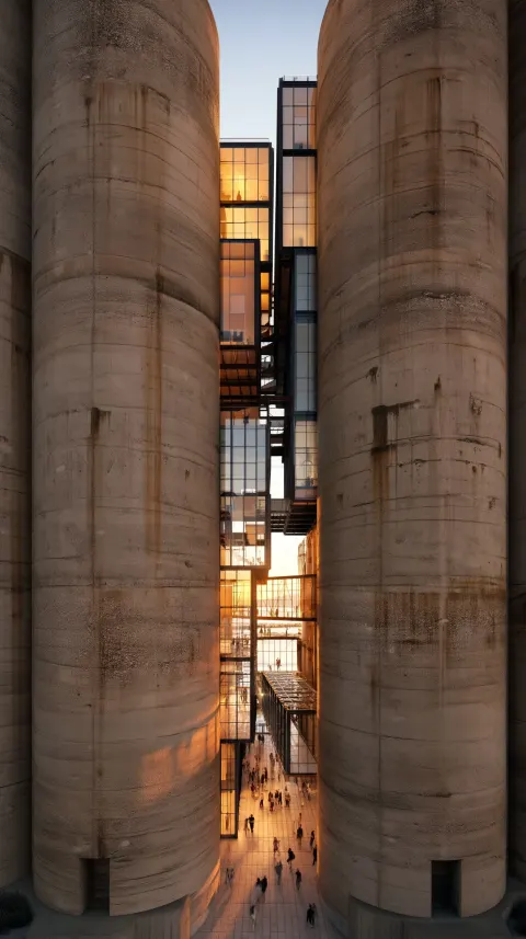 Long range wes anderson style two-point perspective of a transformed former port-side concrete grain