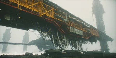 Massive horizontal industrial loading facility, yellow and orange structural framework