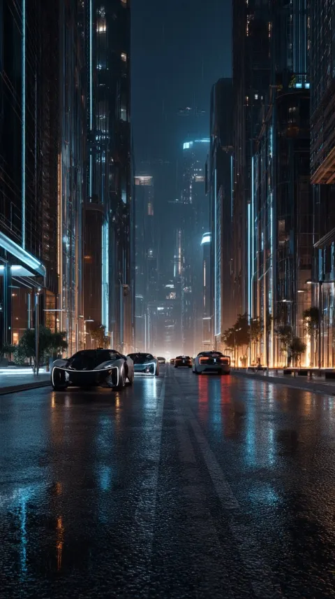 The same city street transformed into a premium near-future metropolis at night in heavy rain